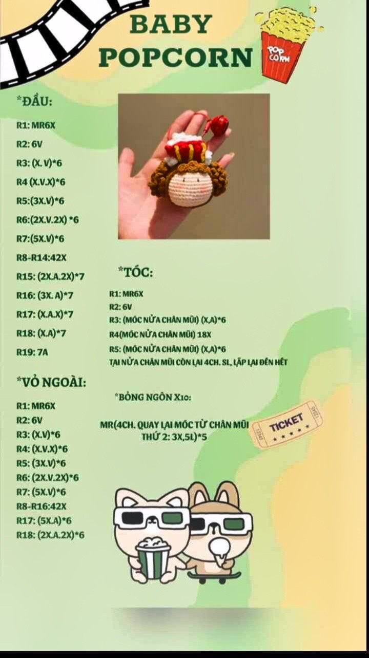 3 chart móc len, Nàng tiên cá heo, cốc bia, baby popcorn