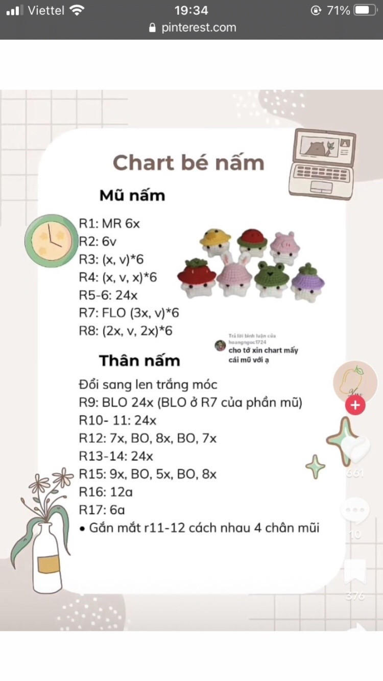 5 mẫu chart, Chart móc len mực choáy nắng, móc khóa thỏ, cá không xấu larva chart bé nấm.