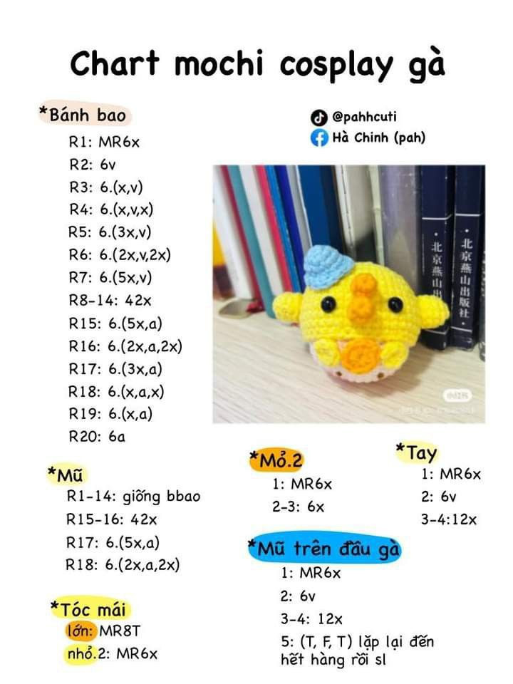 6 chart móc đơn giàn cho người mới, chú thỏ màu kem. mực choáy nắng, chart mochi cosplay gà,  chart bé thỏ hồng, Thỏ vòng hoa, Thỏ đào bự.