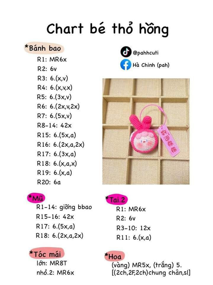 6 chart móc đơn giàn cho người mới, chú thỏ màu kem. mực choáy nắng, chart mochi cosplay gà,  chart bé thỏ hồng, Thỏ vòng hoa, Thỏ đào bự.