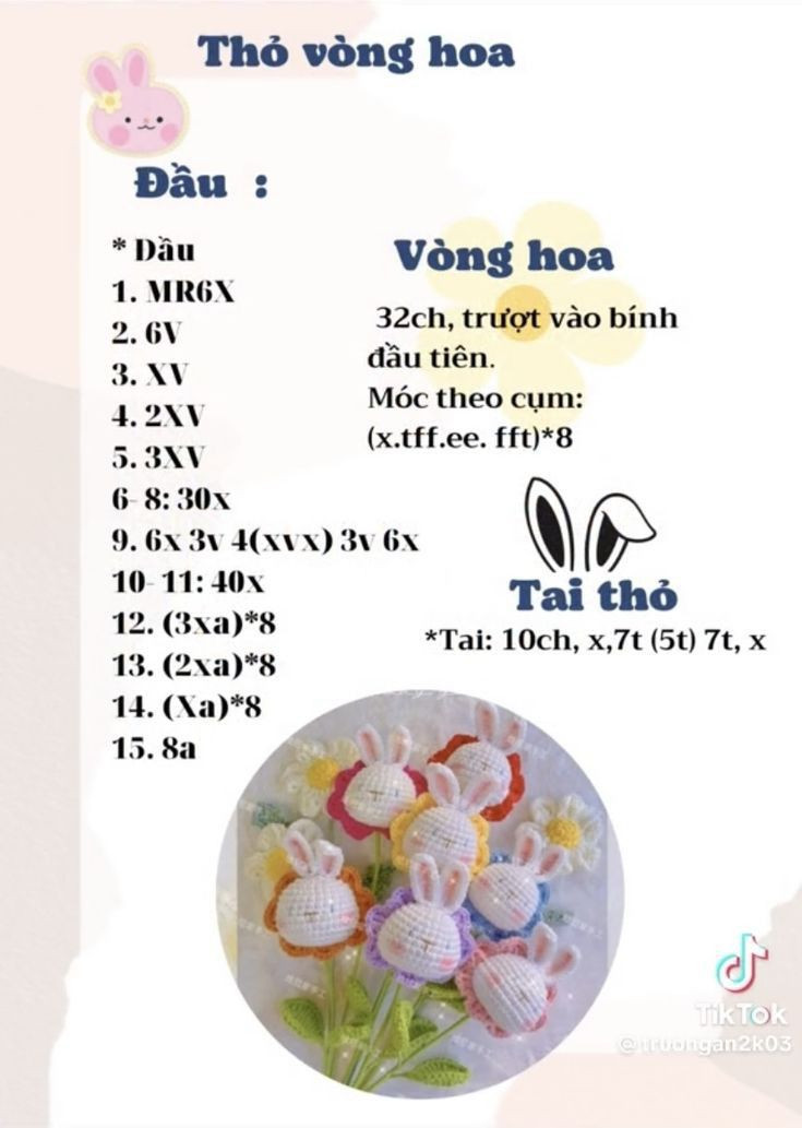 6 chart móc đơn giàn cho người mới, chú thỏ màu kem. mực choáy nắng, chart mochi cosplay gà,  chart bé thỏ hồng, Thỏ vòng hoa, Thỏ đào bự.