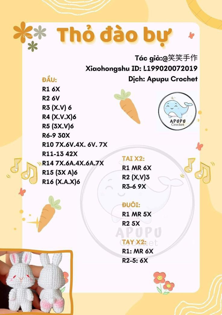 6 chart móc đơn giàn cho người mới, chú thỏ màu kem. mực choáy nắng, chart mochi cosplay gà,  chart bé thỏ hồng, Thỏ vòng hoa, Thỏ đào bự.