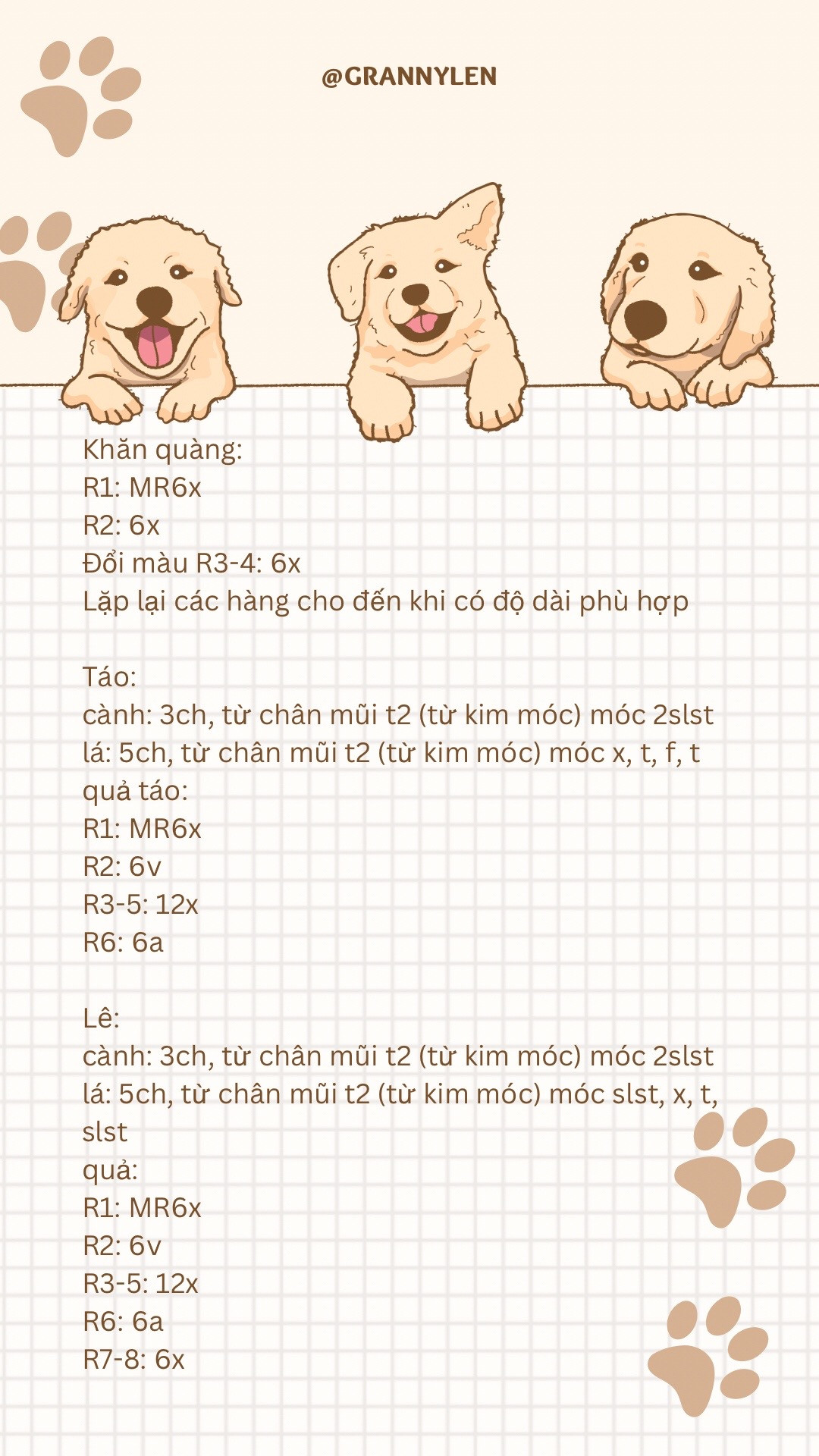 chart chó đốm màu trắng, màu nâu, quấn khăn màu vàng, màu đỏ, đội quả táo, quả lên trên đầu.