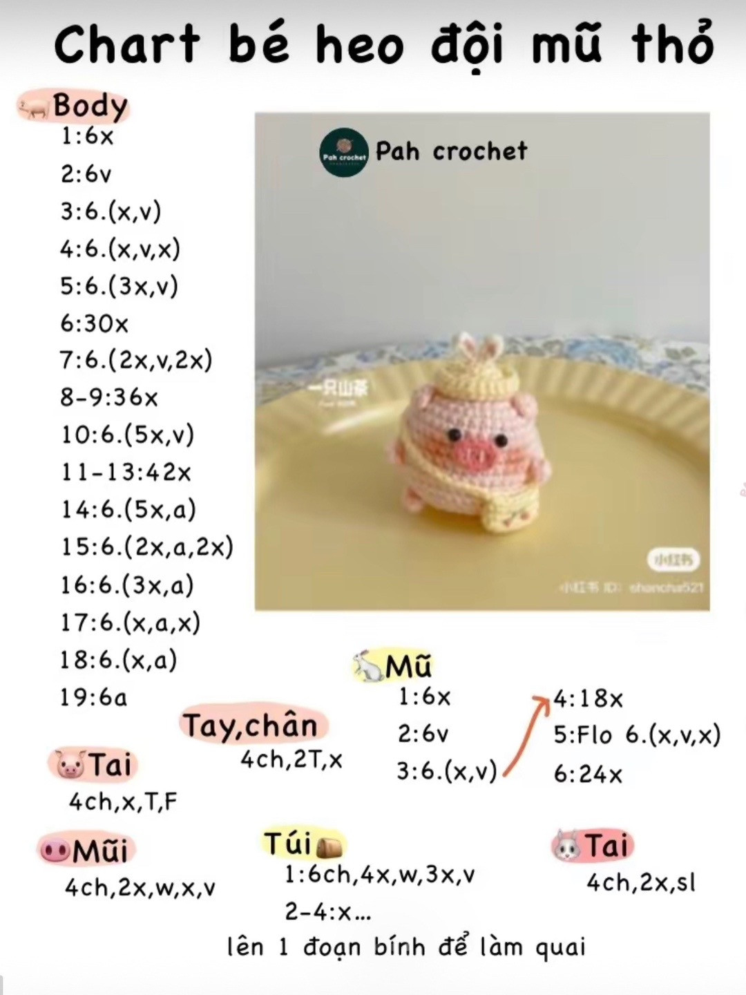 Chart móc bé heo hồng đội mũ thỏ.