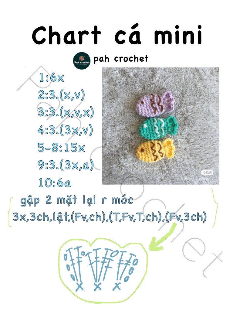 Chart móc cá mini màu vàng, màu xánh, màu tím.