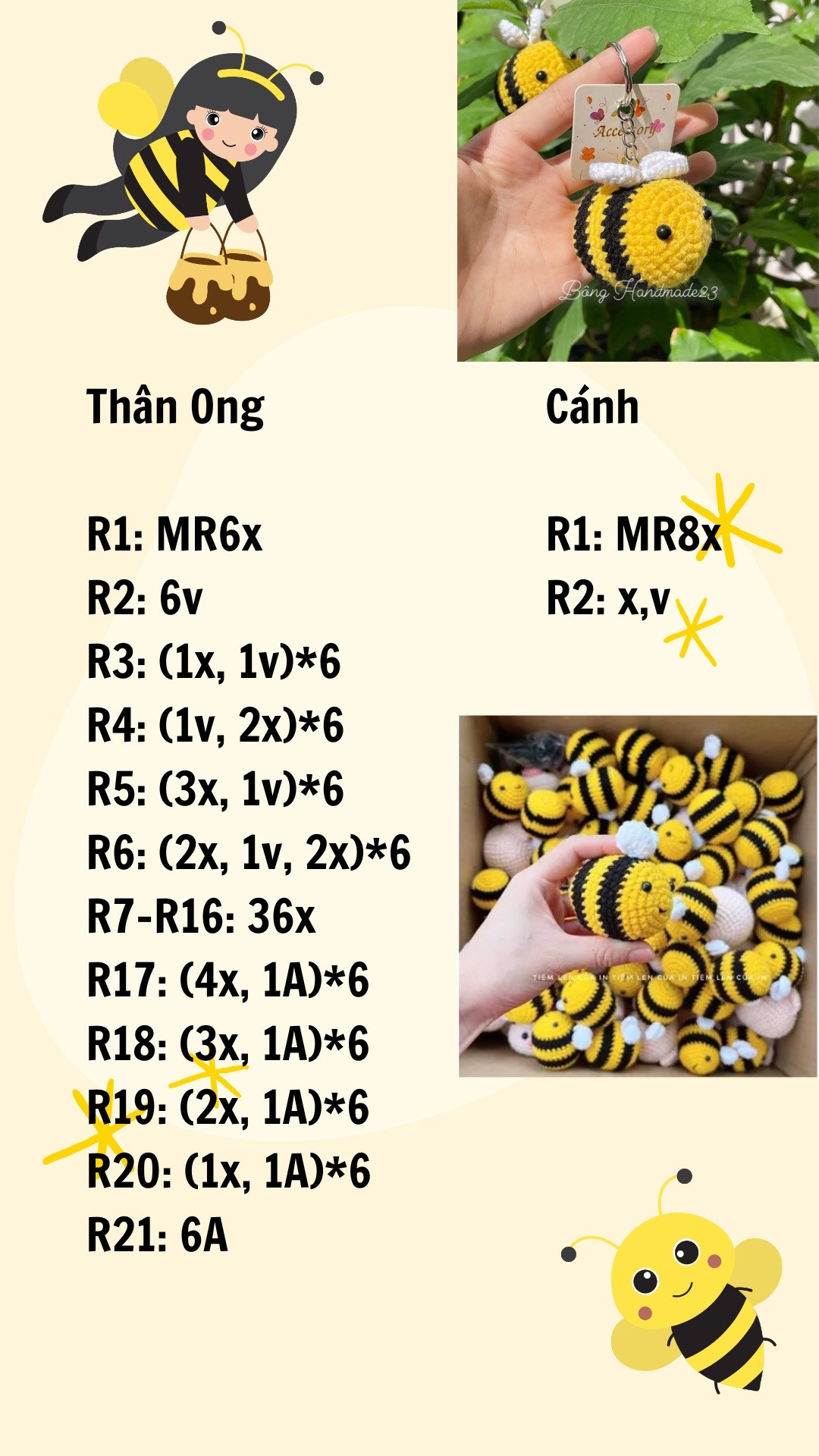 chart móc con ong màu vàng sọc màu đen, cánh màu trắng