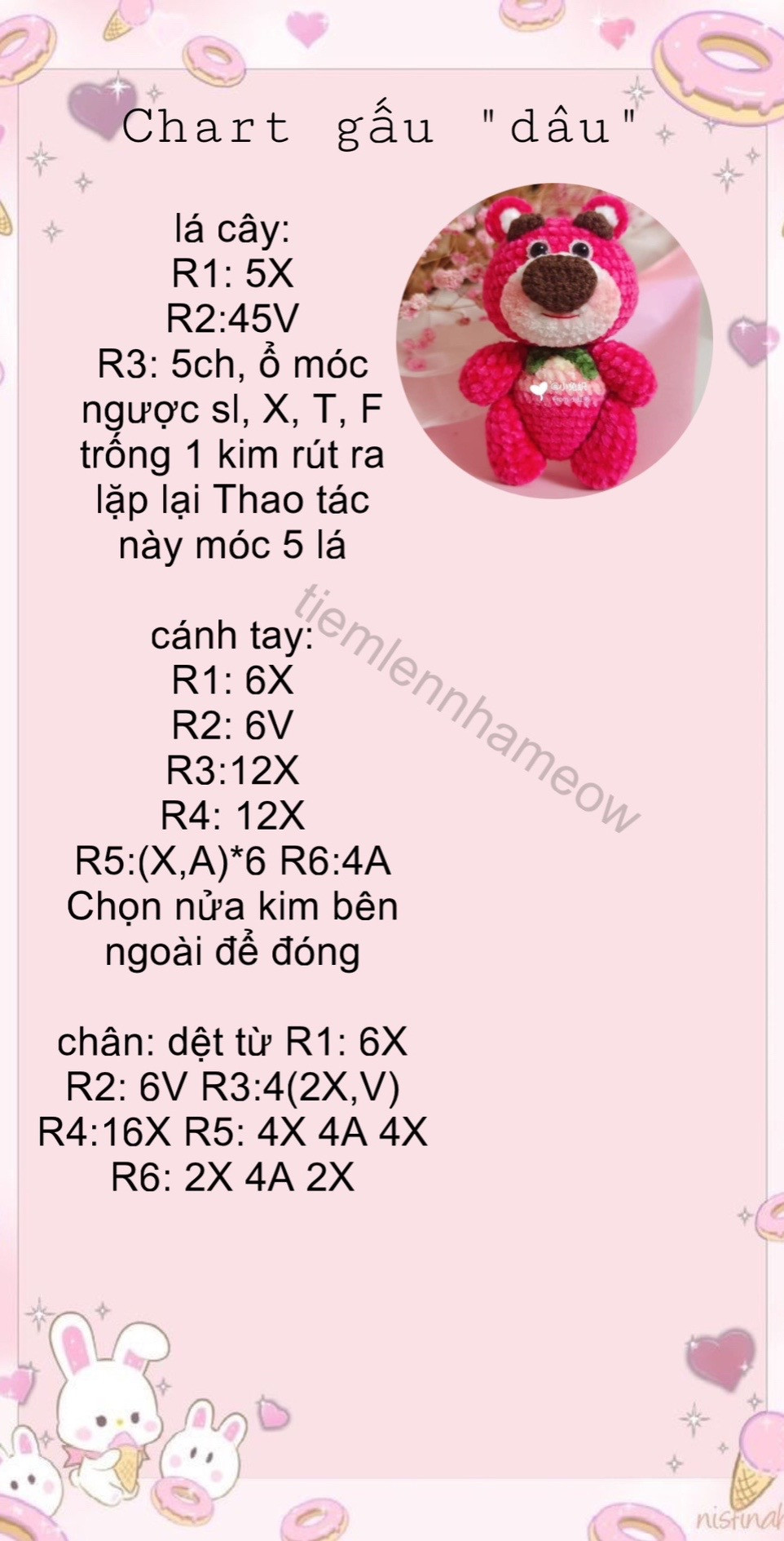 chart móc gấu dâu tây, mũi màu nâu,