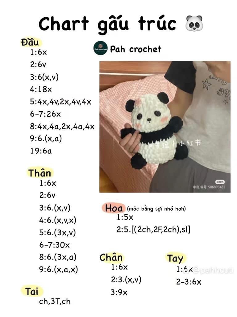 Chart móc gấu trúc tai màu đen, tay chân màu đen.