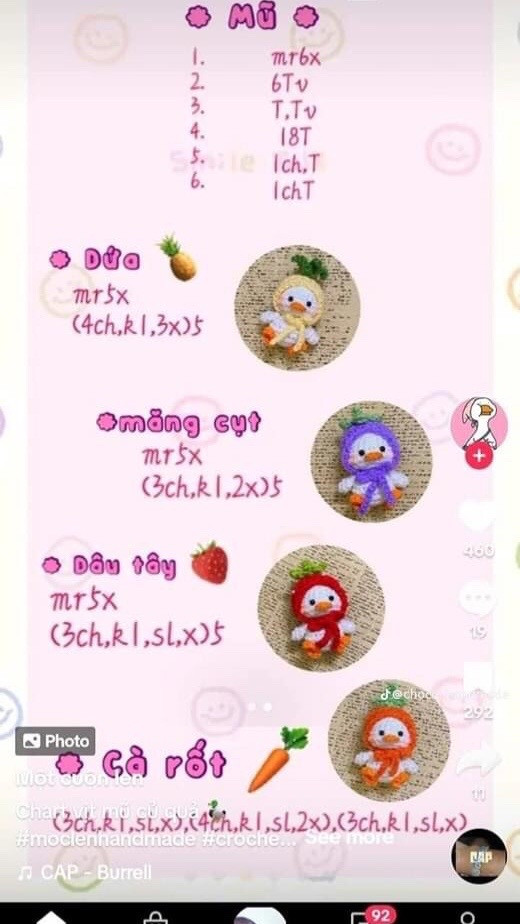 Chart móc Hoa trái tim, móc vịt củ quả, bánh pudding