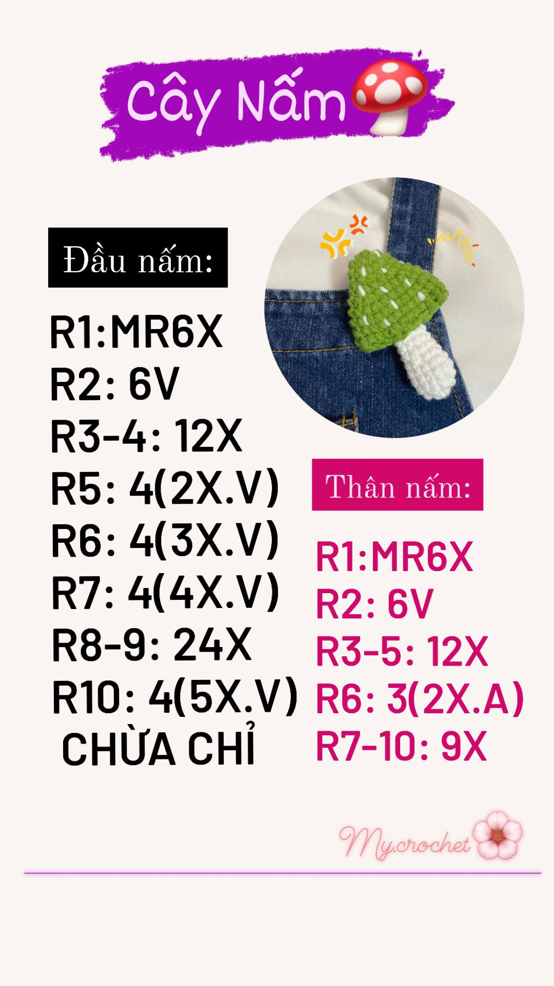 Chart móc len cây nấm mũ màu xanh, thân màu trắng,