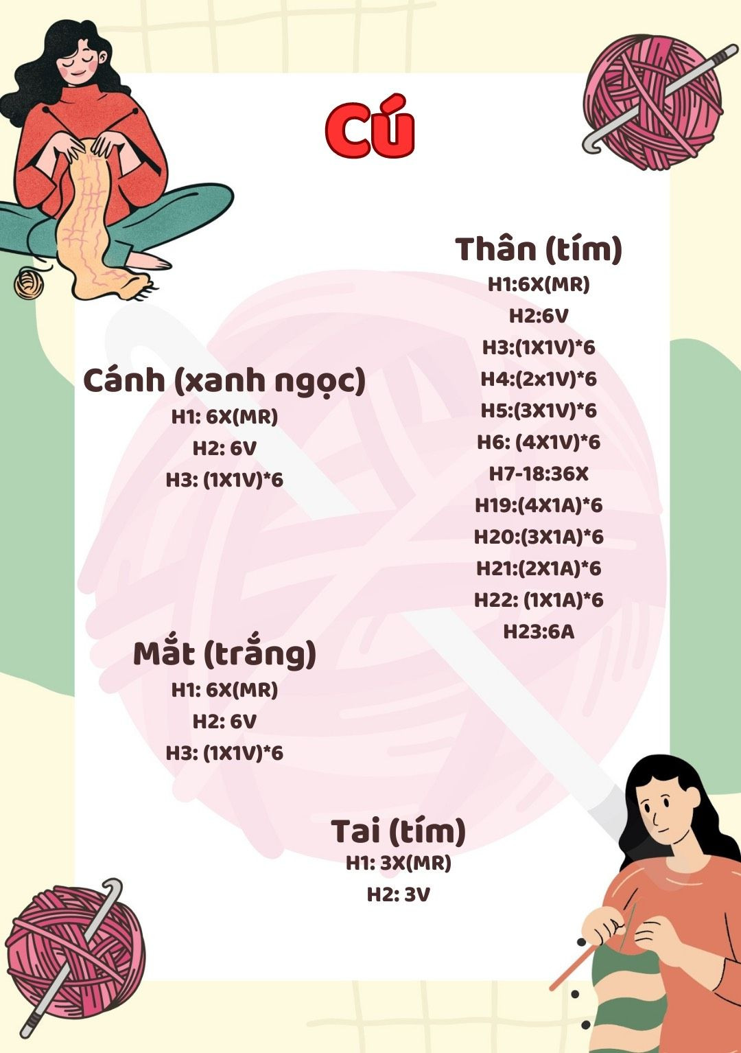 Chart móc len con cú màu tím, mắt màu trắng, cánh màu xanh.