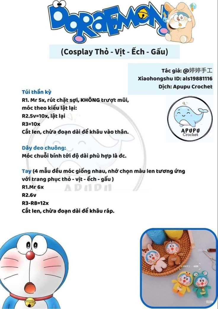 Chart móc len doraemon màu xanh, màu hồng, màu vàng...