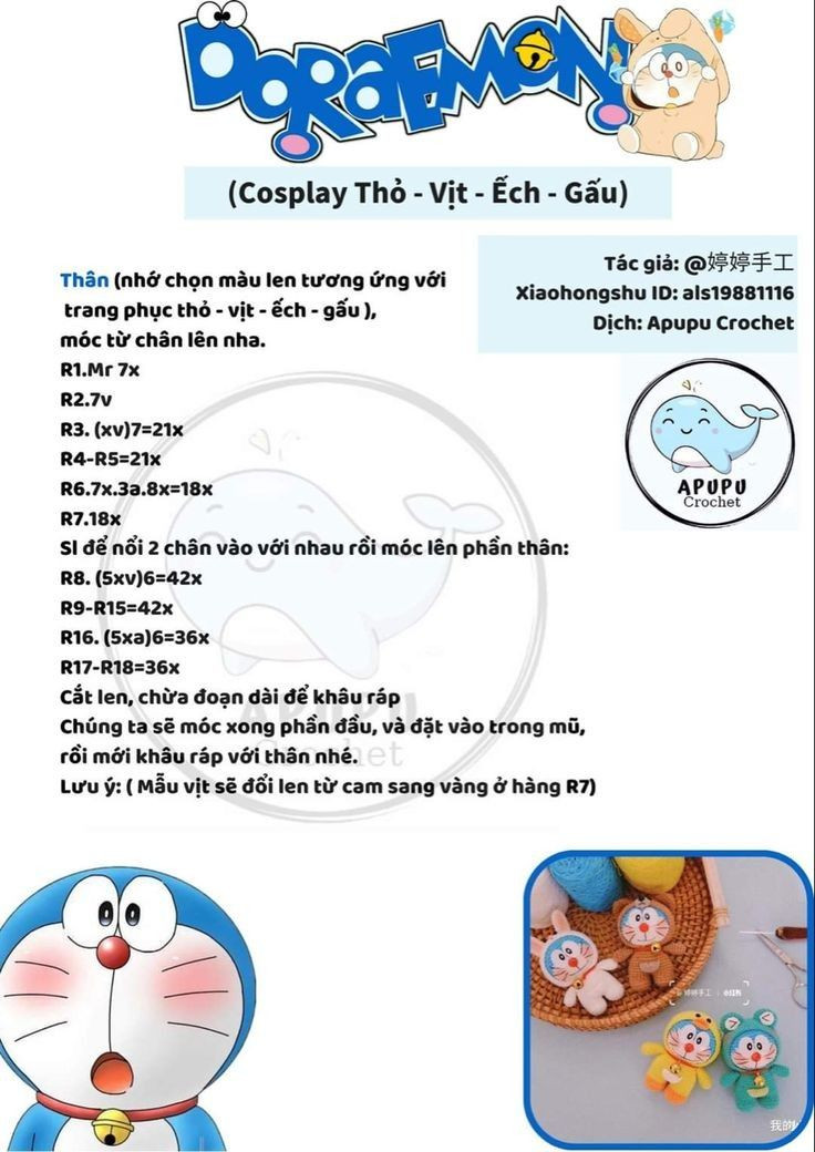 Chart móc len doraemon màu xanh, màu hồng, màu vàng...