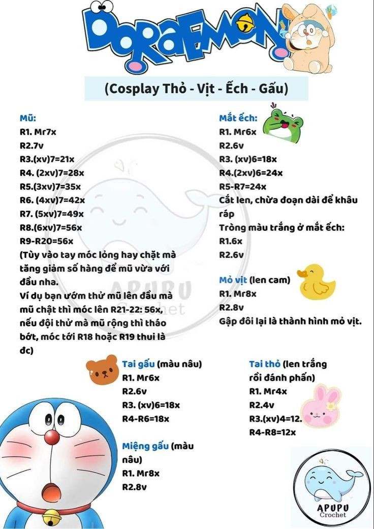 Chart móc len doraemon màu xanh, màu hồng, màu vàng...