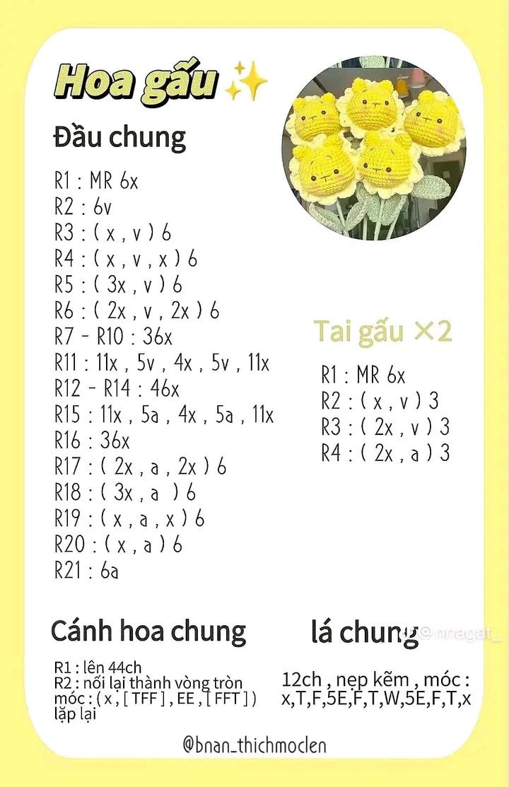 chart móc len hoa thú, hoa gấu, hoa heo, hoa rồng, hoa thỏ