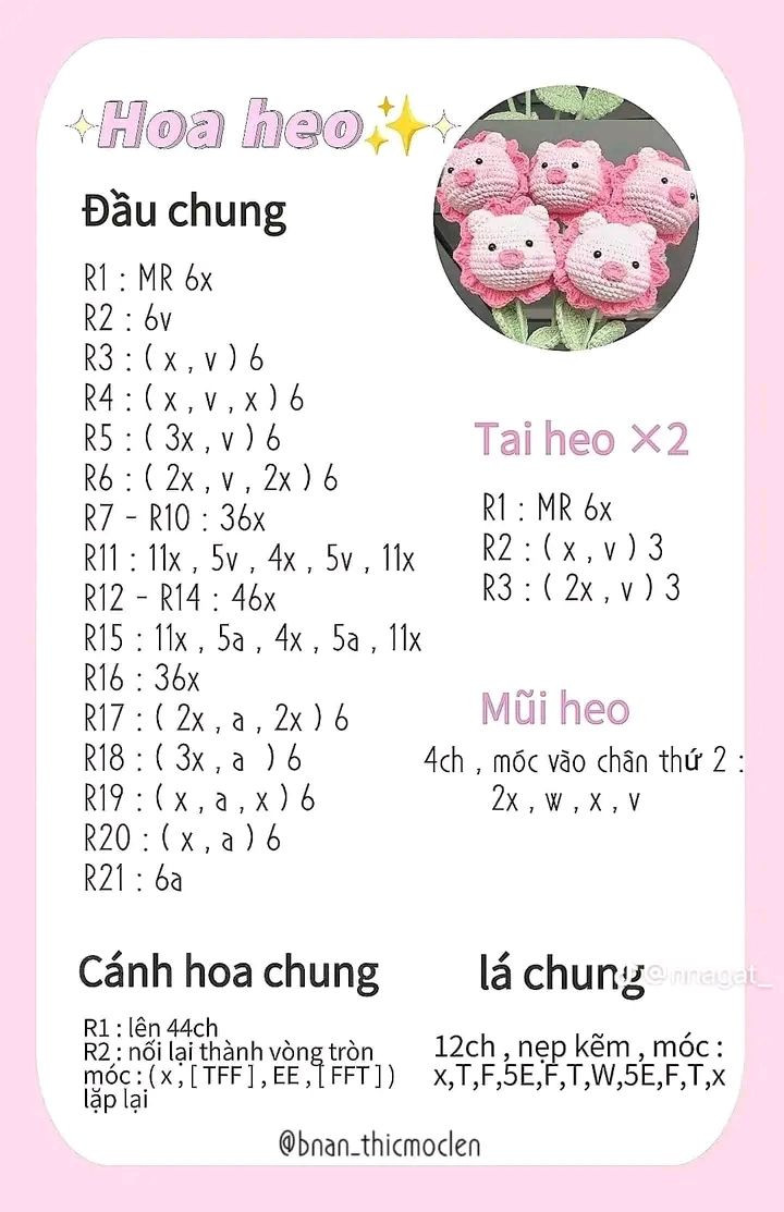 chart móc len hoa thú, hoa gấu, hoa heo, hoa rồng, hoa thỏ