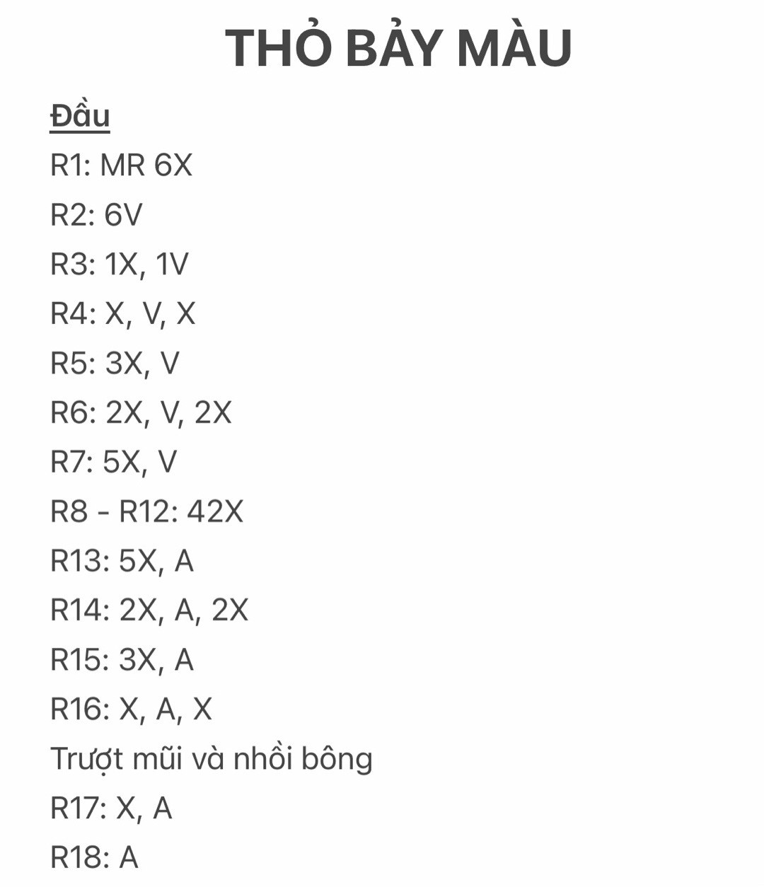 chart móc len thỏ bảy màu. màu trắng, tai cụp