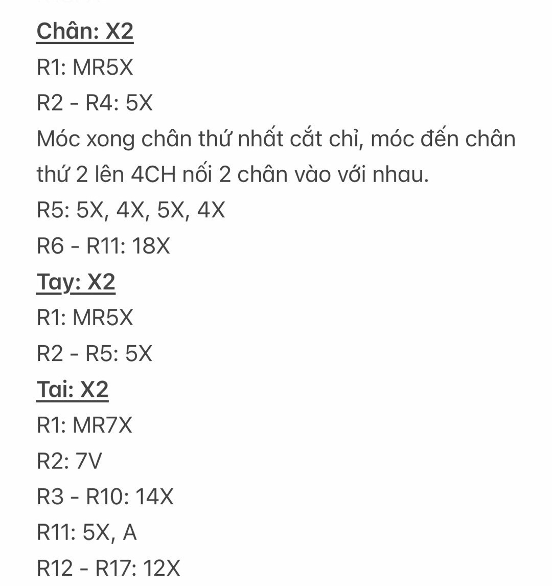 chart móc len thỏ bảy màu. màu trắng, tai cụp