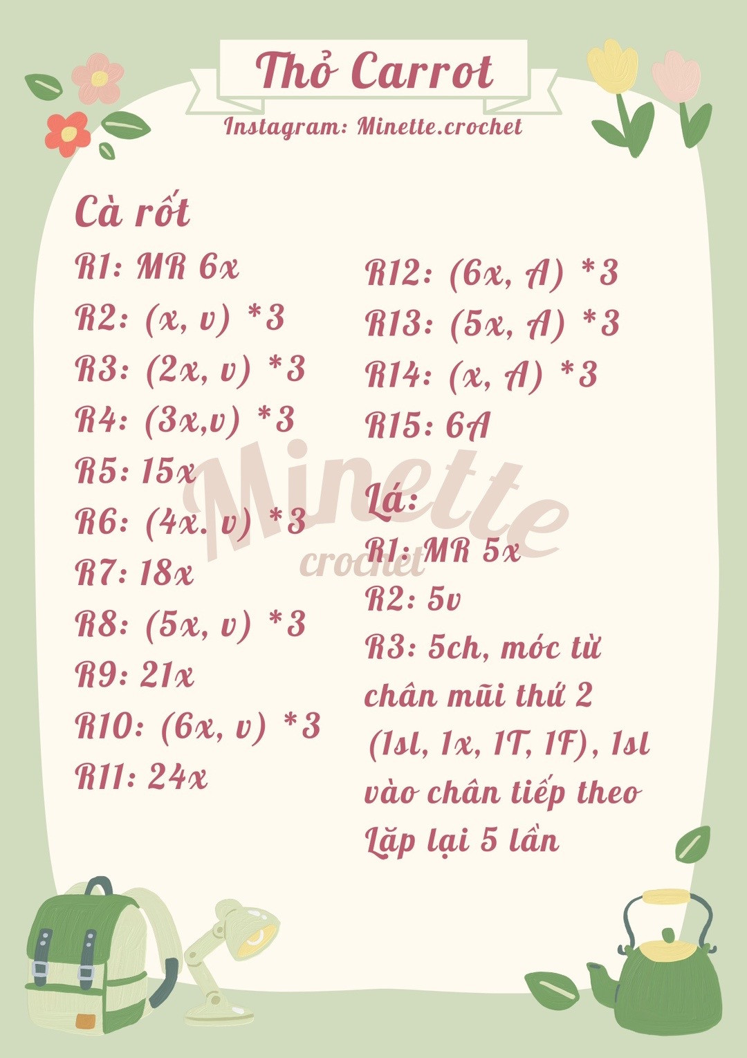 Chart móc len thỏ ôm củ carrot màu vàng.