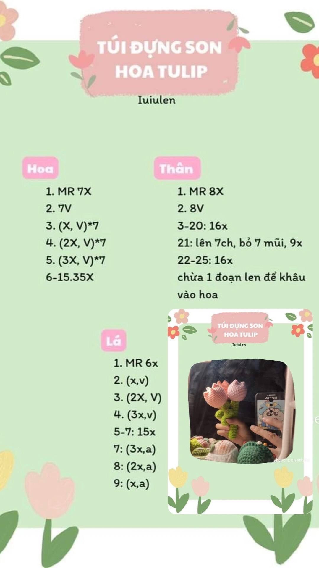 Chart móc len túi đựng son bé thỏ, túi đựng son hoa tulip.