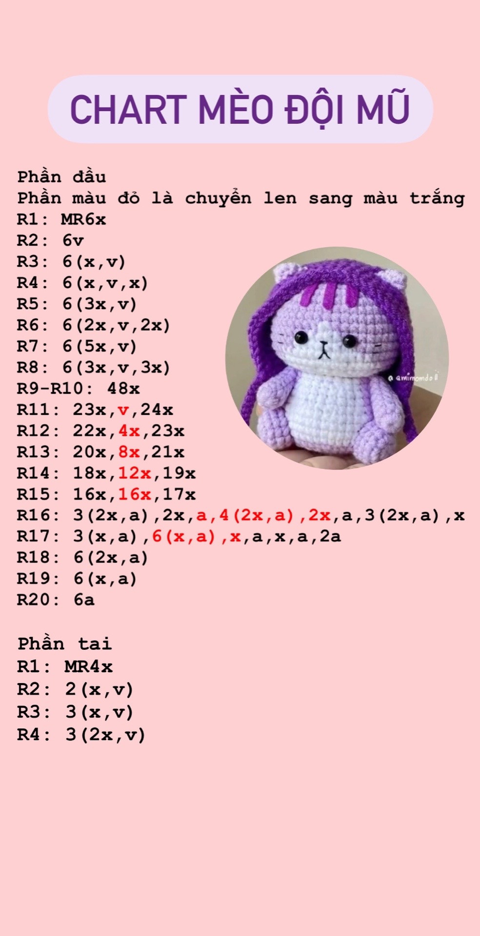 chart móc mèo đội mũ màu tím