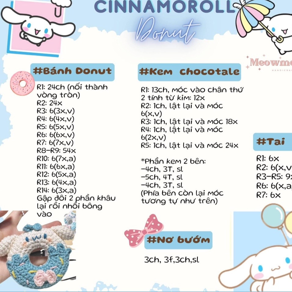 chart móc, móc khóa Bánh donut thỏ, mặc đồ màu xanh, nơ màu xanh,