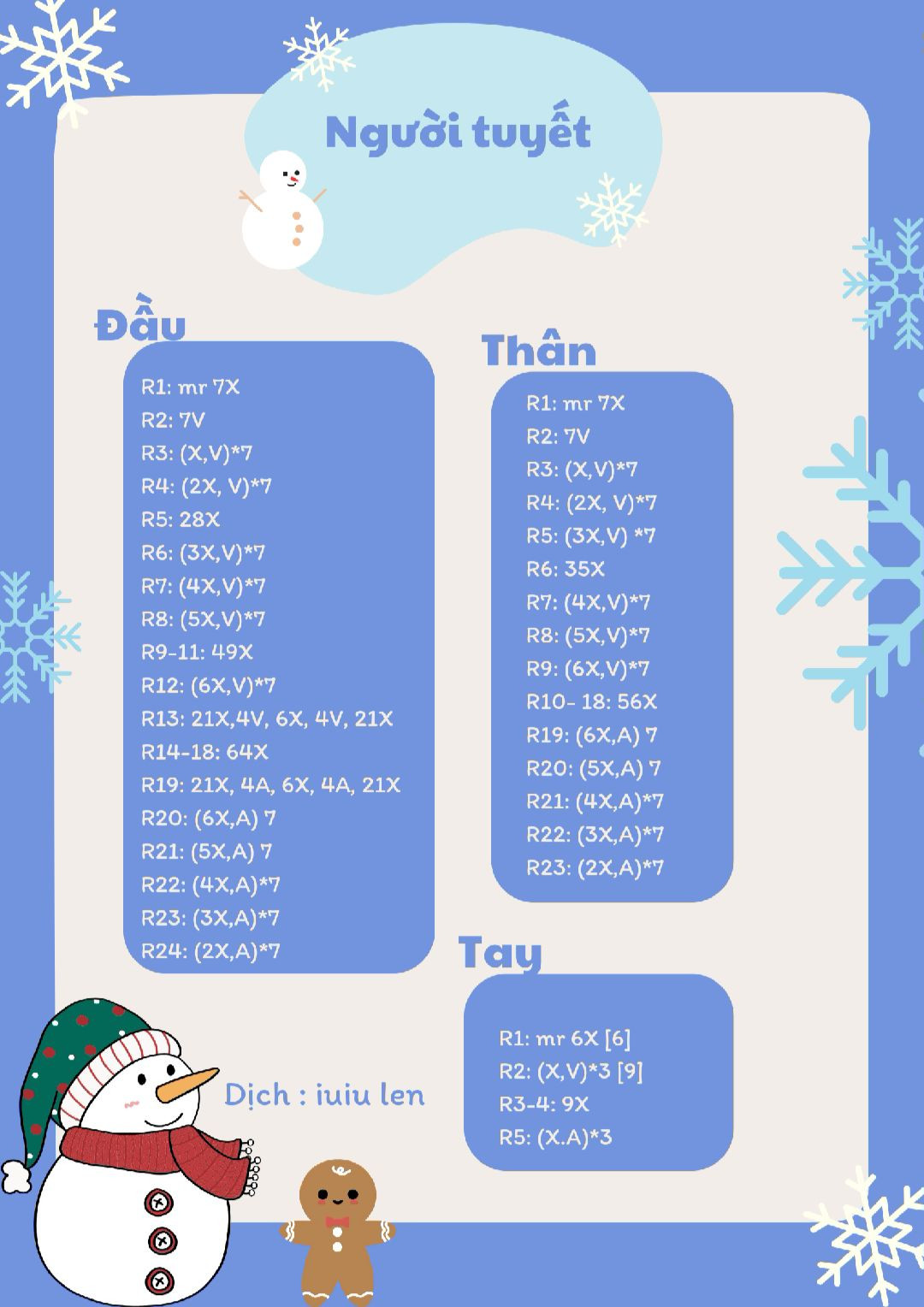 chart móc người tuyết màu trắng, quấn khăn màu đỏ, đội mũ màu nâu, mũi màu vàng.