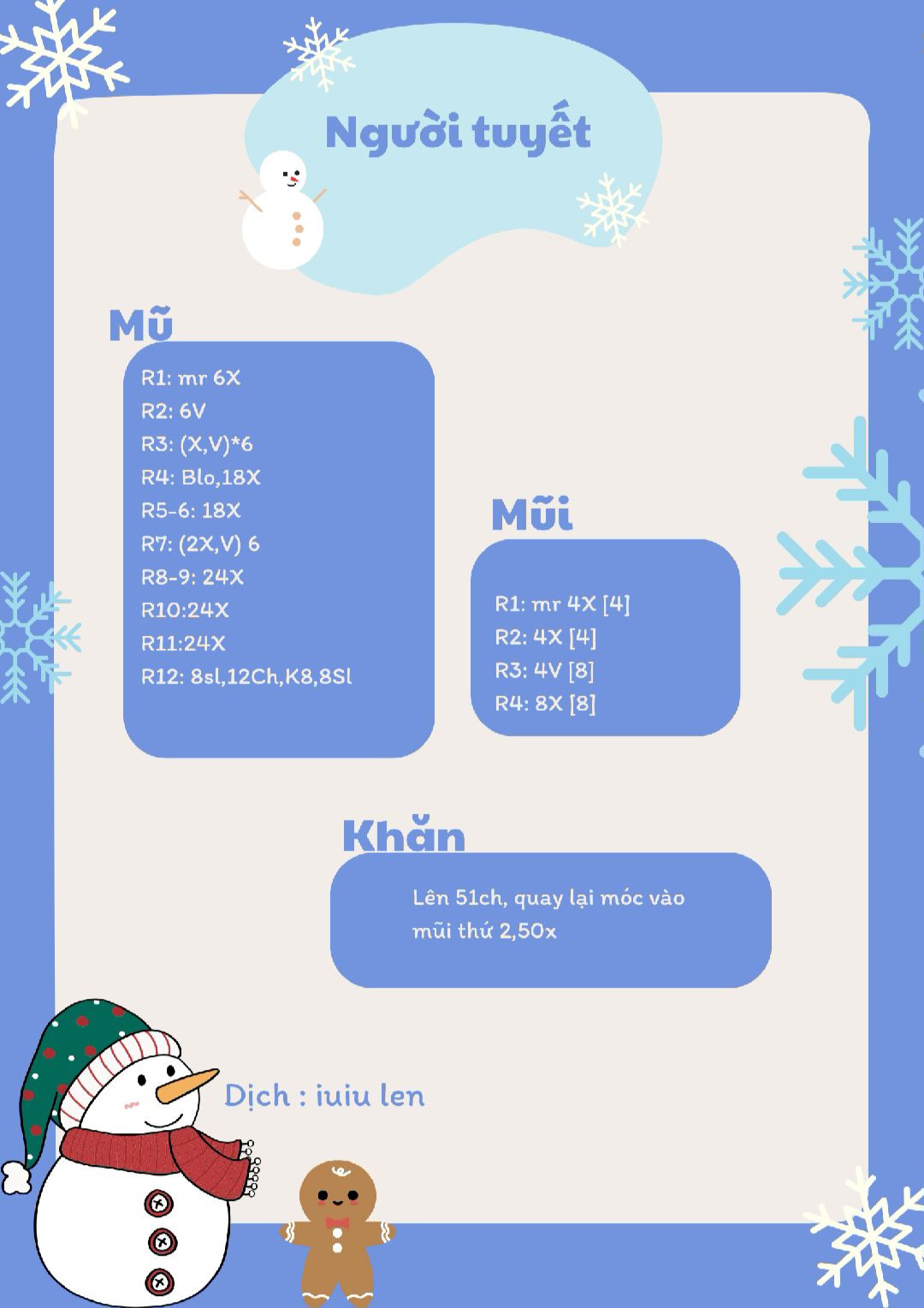 chart móc người tuyết màu trắng, quấn khăn màu đỏ, đội mũ màu nâu, mũi màu vàng.