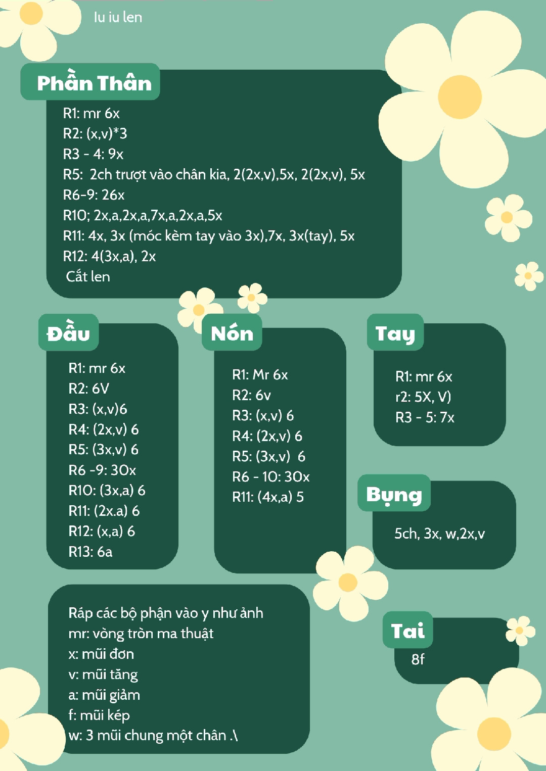 chart móc Teletubbies màu đỏ, màu tím, màu xanh lá