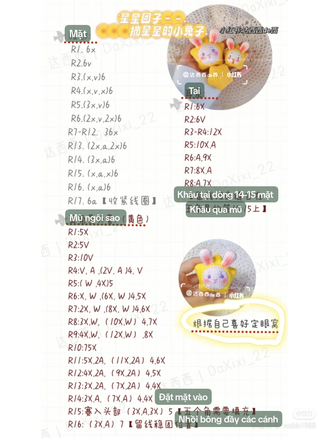 chart móc thỏ sao màu vàng, tai màu hồng,