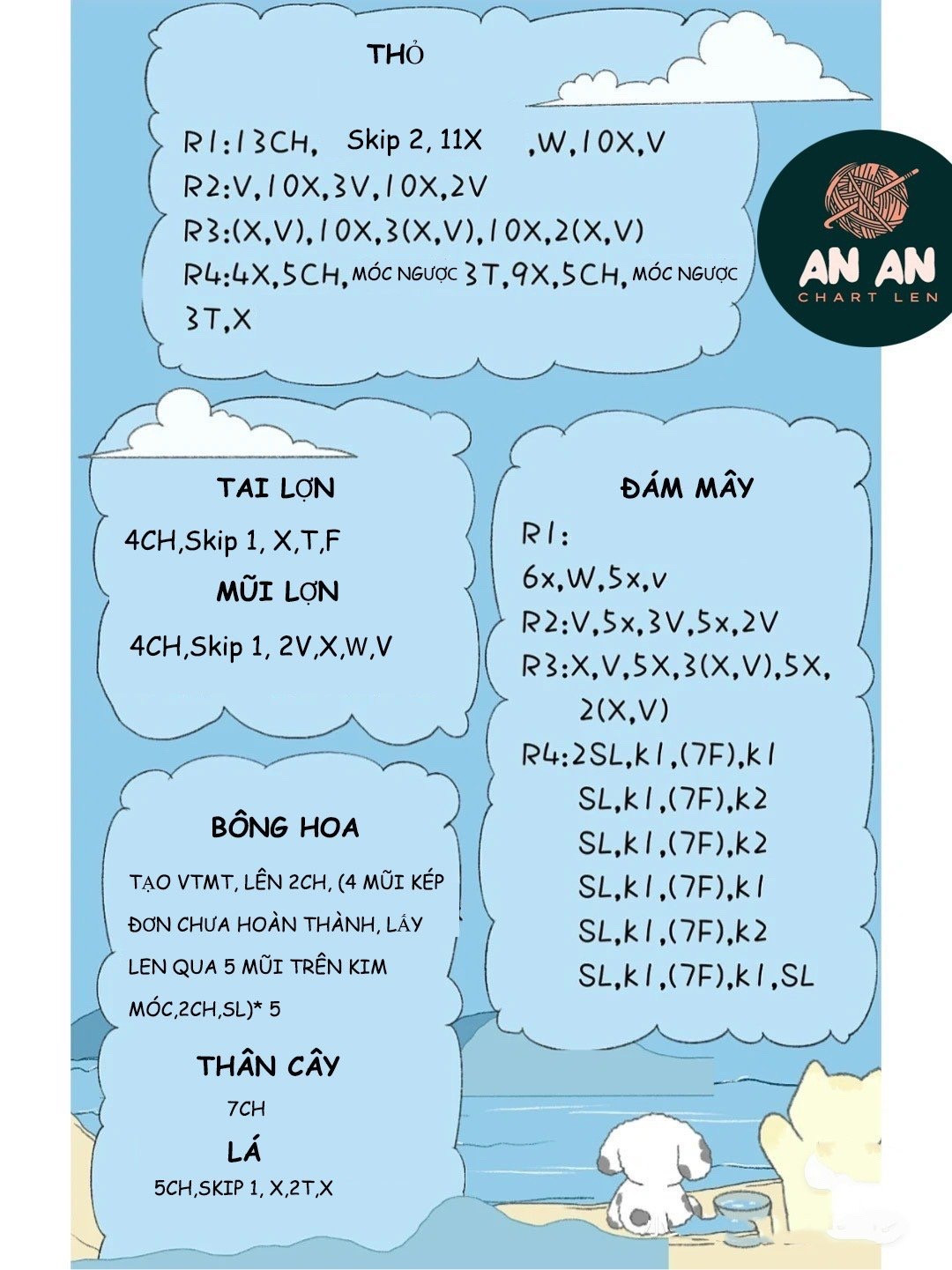 chart móc túi rút hoa, heo, thỏ, đám mây