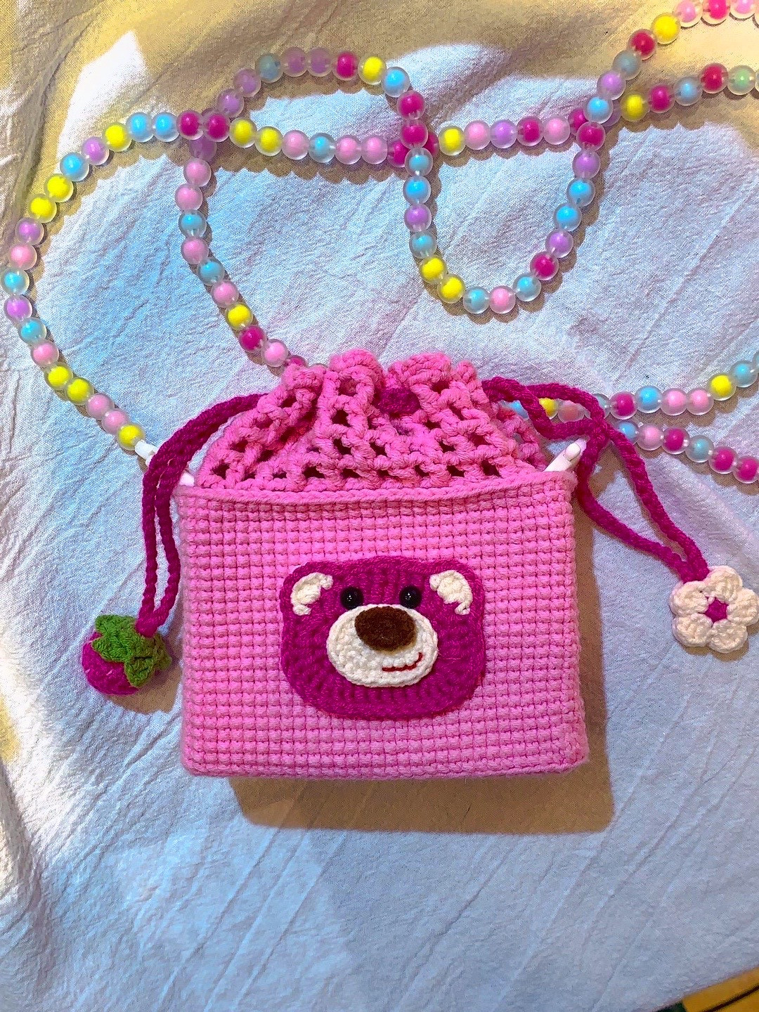 crochet pattern strawberry bear drawstring bag