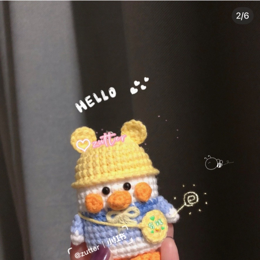 Duck keychain with yellow hat, orange beak, crochet pattern