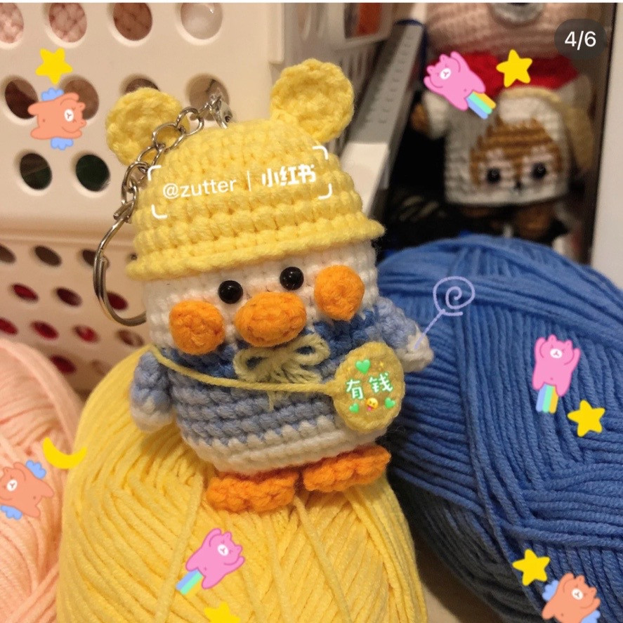 Duck keychain with yellow hat, orange beak, crochet pattern