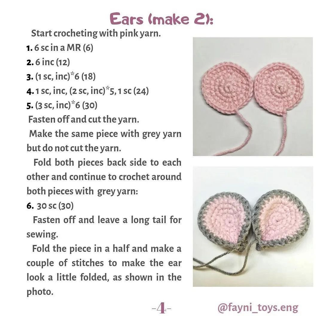 Gray mouse wearing dress, pink nose, pink ears crochet pattern