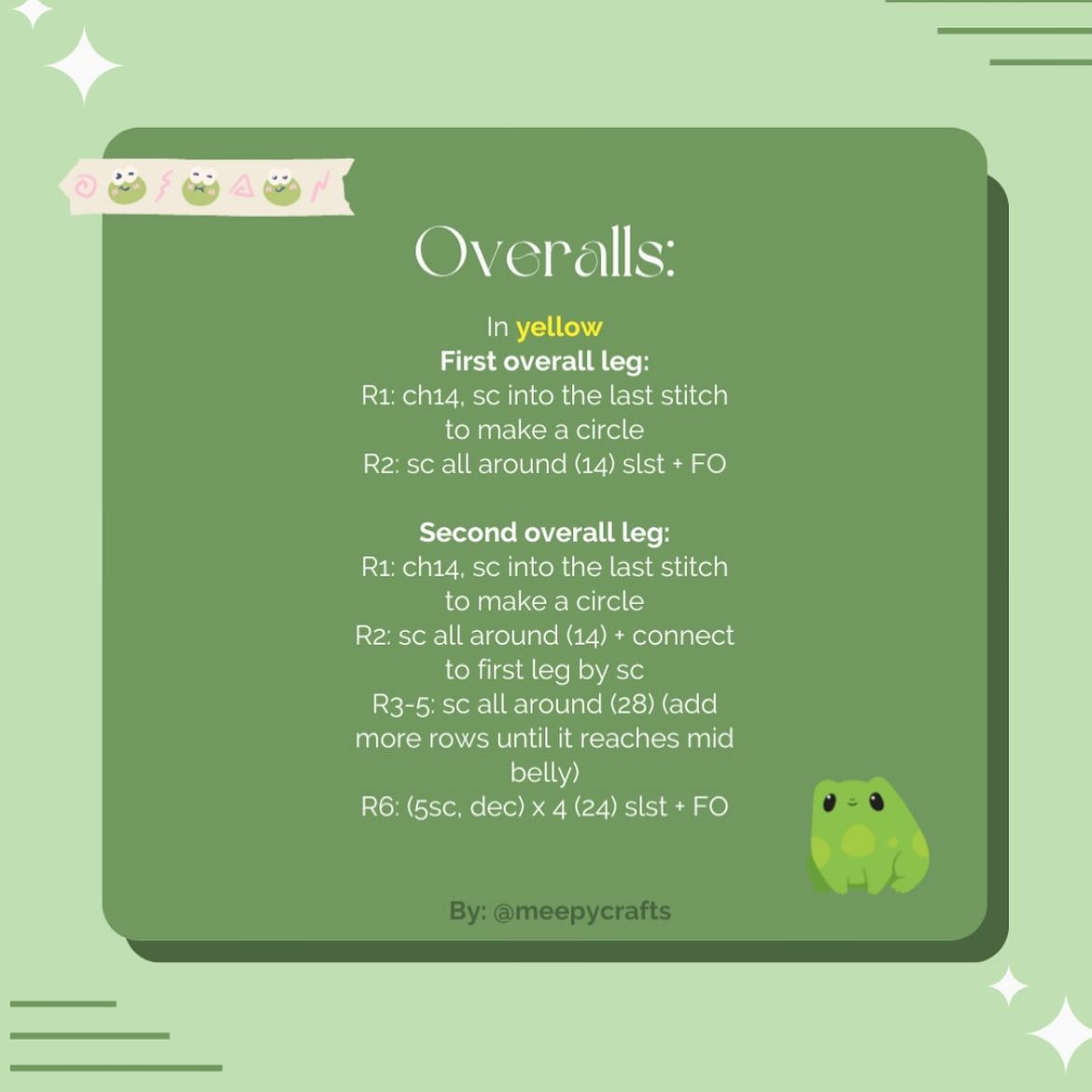 Green frog, pink cheeks, blue overalls