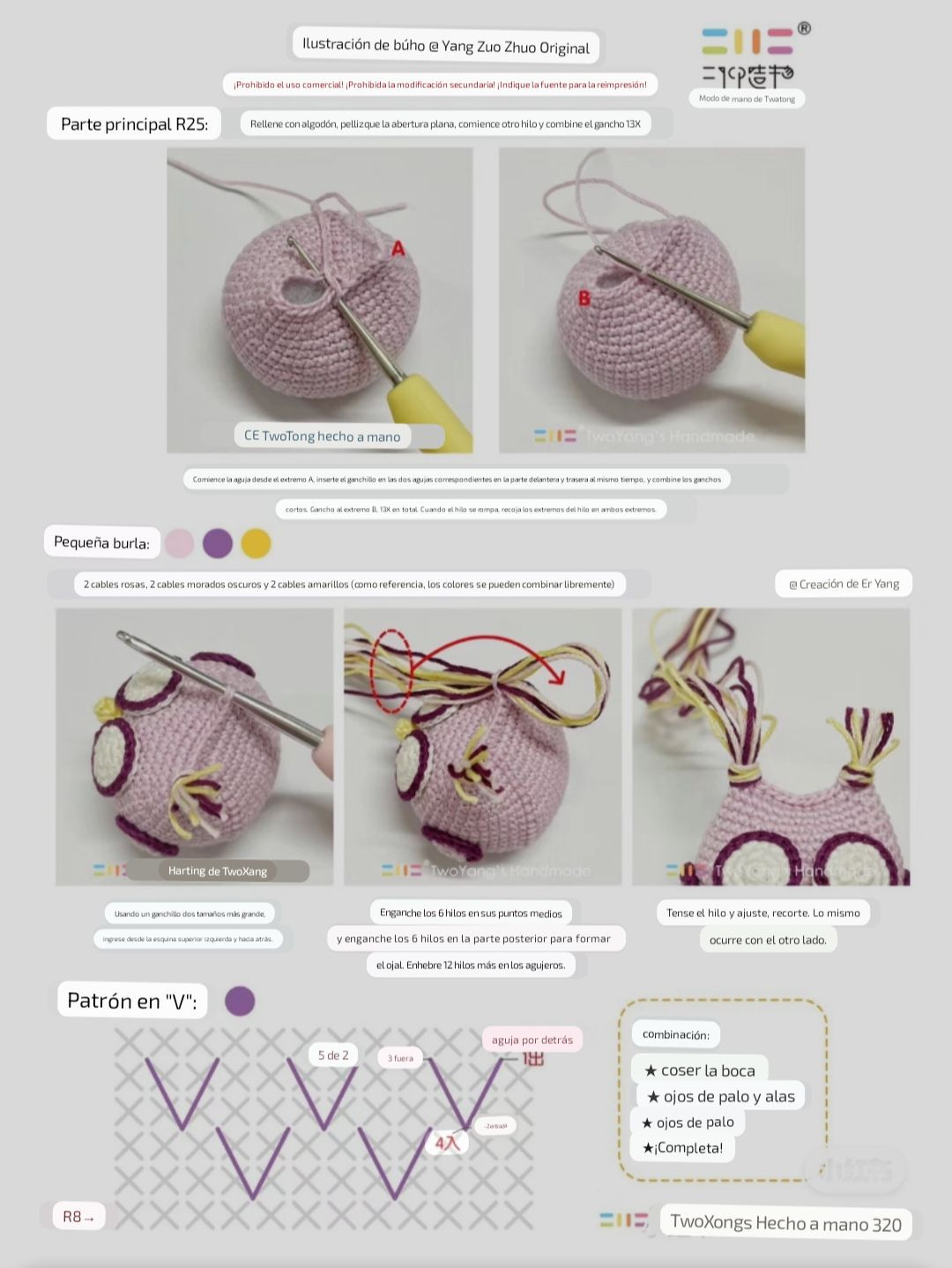 Pink, blue, purple, yellow owl, crochet pattern
