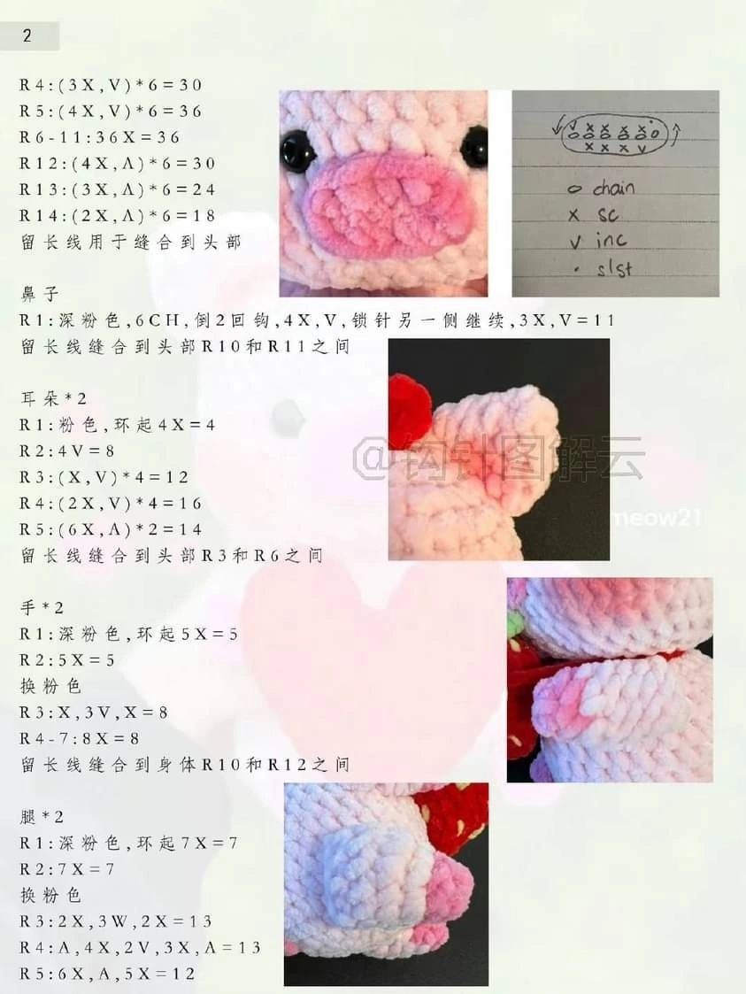 Pink pig holding red strawberry, holding red heart, crochet pattern