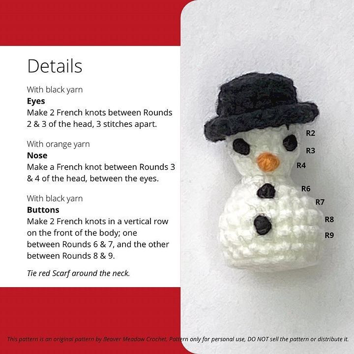 snowman free pattern, wearing a red scarf and a black hat.
