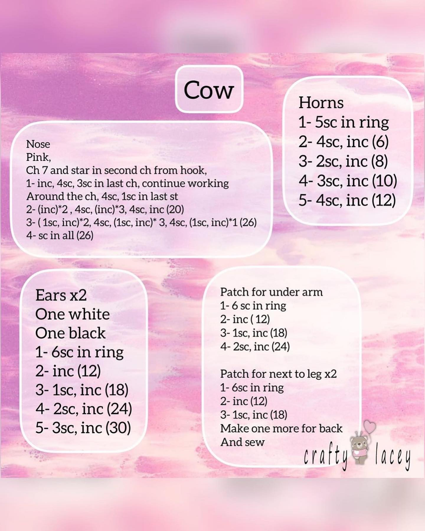 The cow is white, pink muzzle, black spots.