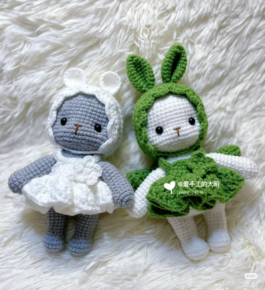 White rabbit wearing green crochet pattern dress