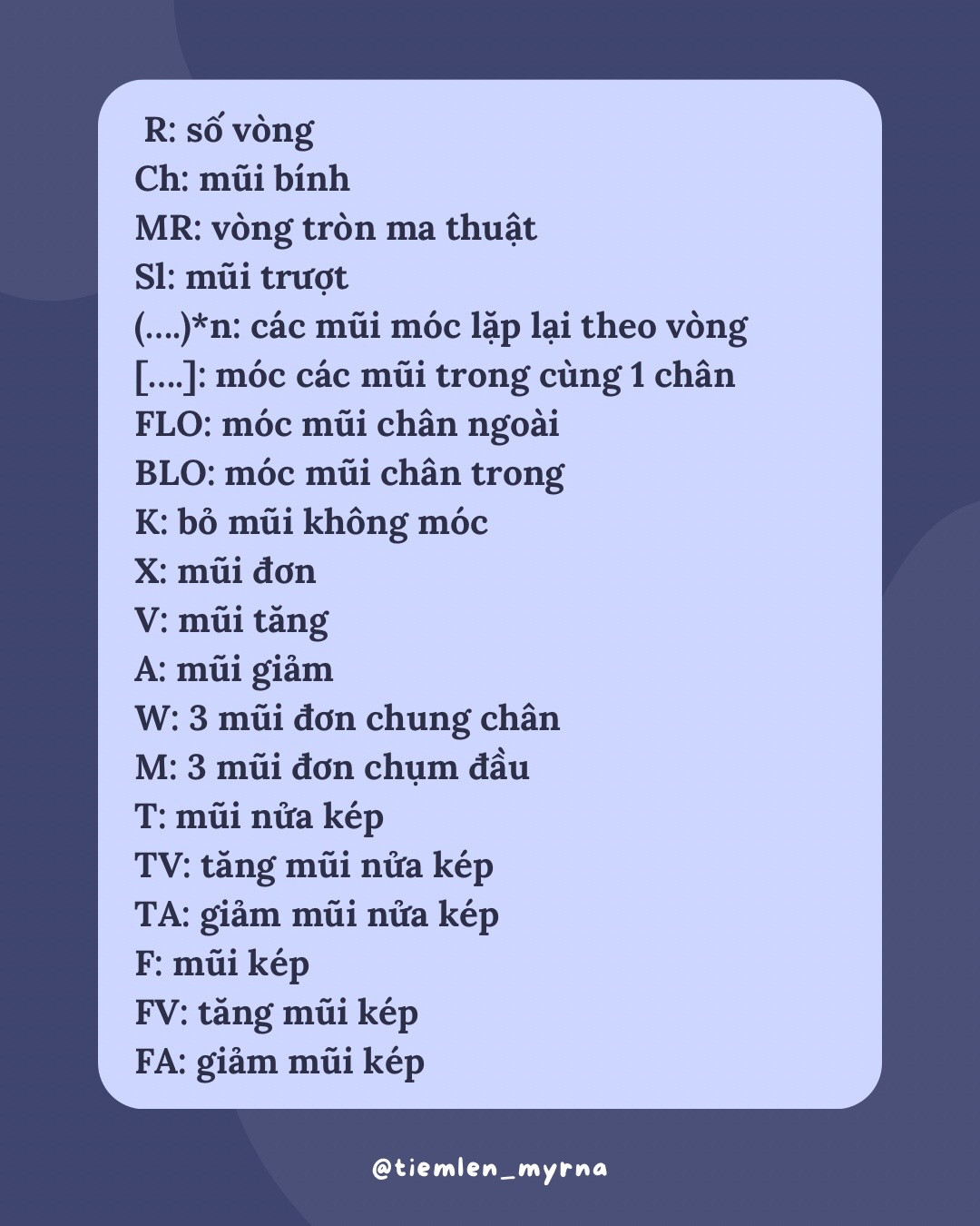 20 ký hiệu móc len cơ bản thường gặp trong tiếng anh