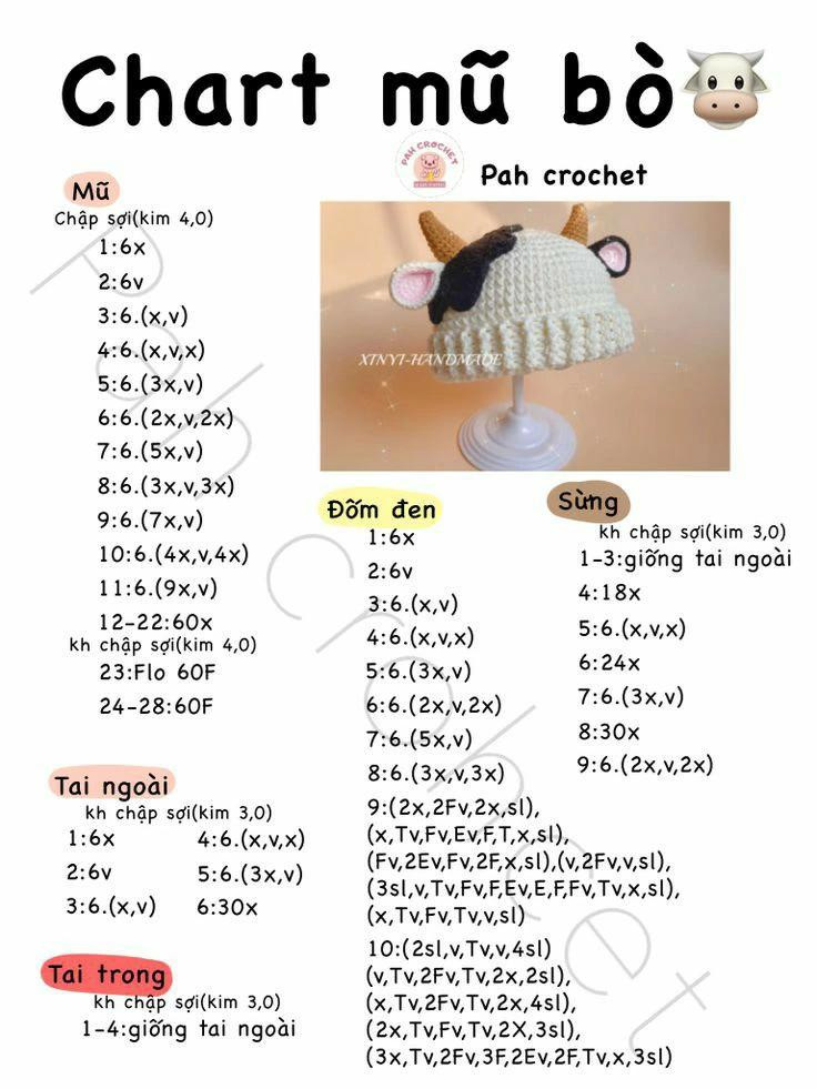 4 chart móc len đơn giản cho người mới, Chart mũ bò, chart móc ngôi sao, chậu hoa anh túc, chart kẹp tóc hoa.