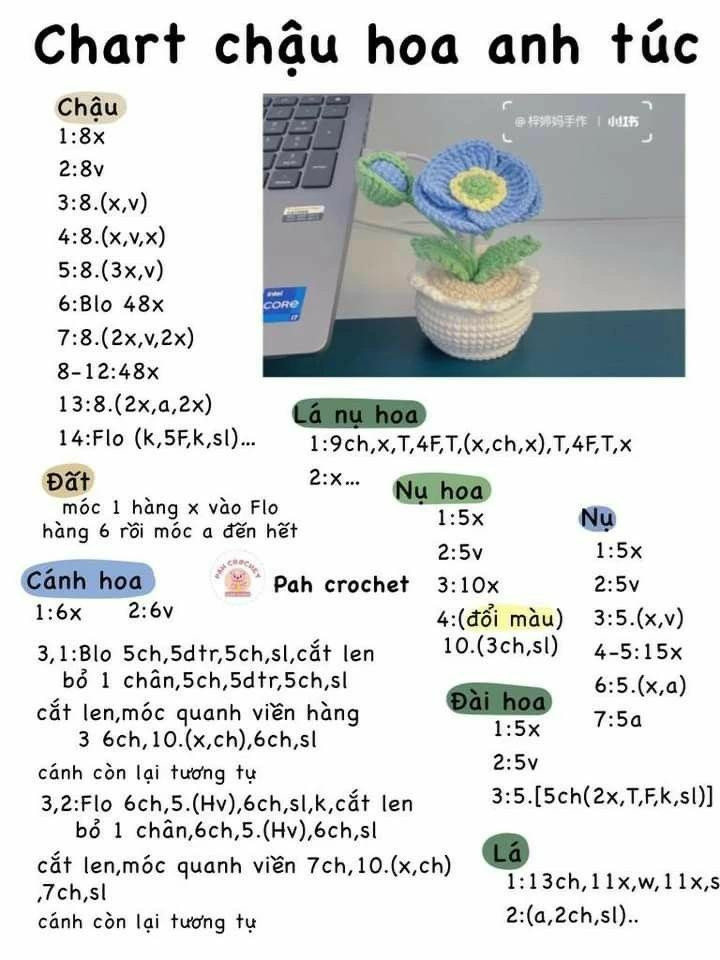 4 chart móc len đơn giản cho người mới, Chart mũ bò, chart móc ngôi sao, chậu hoa anh túc, chart kẹp tóc hoa.