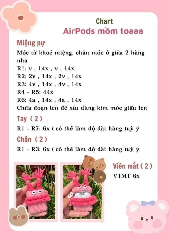 6 chart móc đơn giản cho người mới. chart móc đầu heo, chart thỏ ngọc mochi, chart đầu hổ, chart móc start, chart airpods mồm toaaaa, chart cầu vồng,