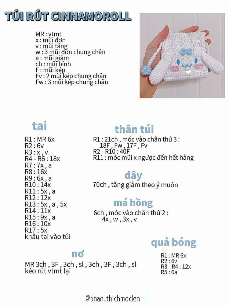 9 chart móc len cho người mới tập, chart túi rút dâu tây, túi rút vẹt bebe, túi rút melody, túi rút pompompurin, túi rút cinnamoroll, túi rút thỏ, túi rút thỏ cà rốt, chart túi rút hoa,