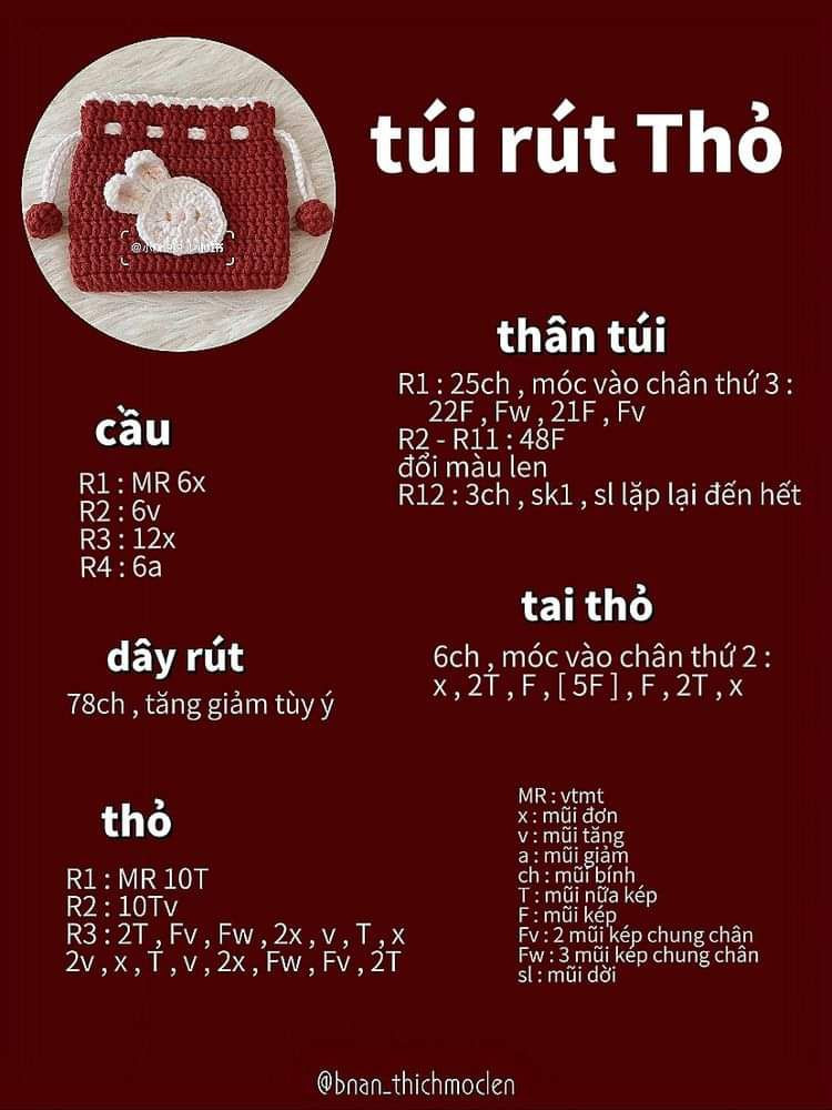 9 chart móc len cho người mới tập, chart túi rút dâu tây, túi rút vẹt bebe, túi rút melody, túi rút pompompurin, túi rút cinnamoroll, túi rút thỏ, túi rút thỏ cà rốt, chart túi rút hoa,