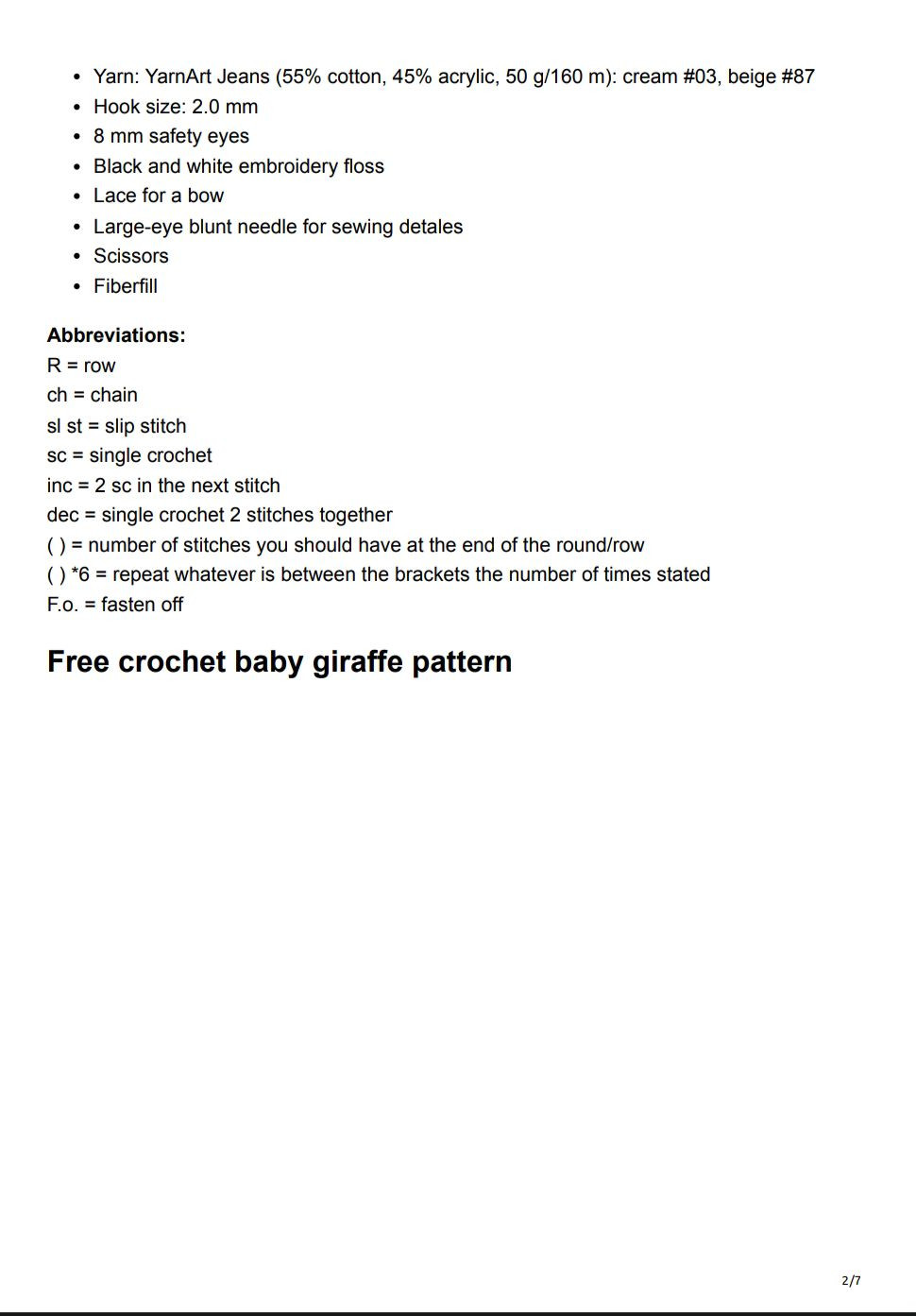 amigurumi baby giraffe free pattern