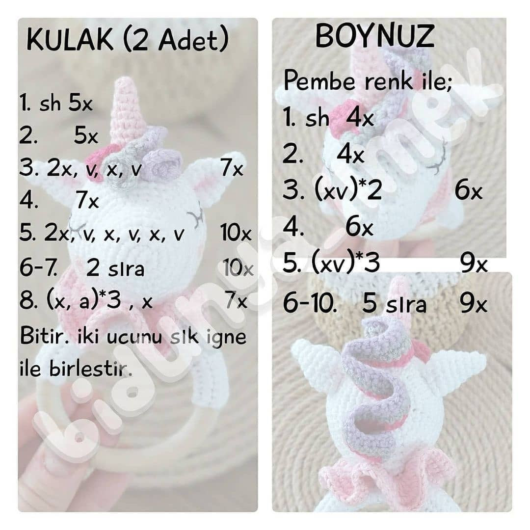 Beyaz tek boynuzlu at çıngırak, pembe boynuz, pembe boyun, mor fiyonk, gri tığ işi deseni.