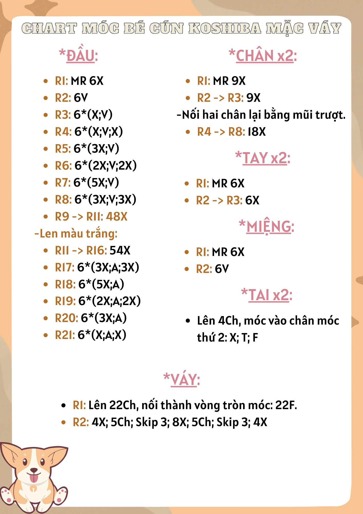 chart móc bé cún koshiba mặc váy